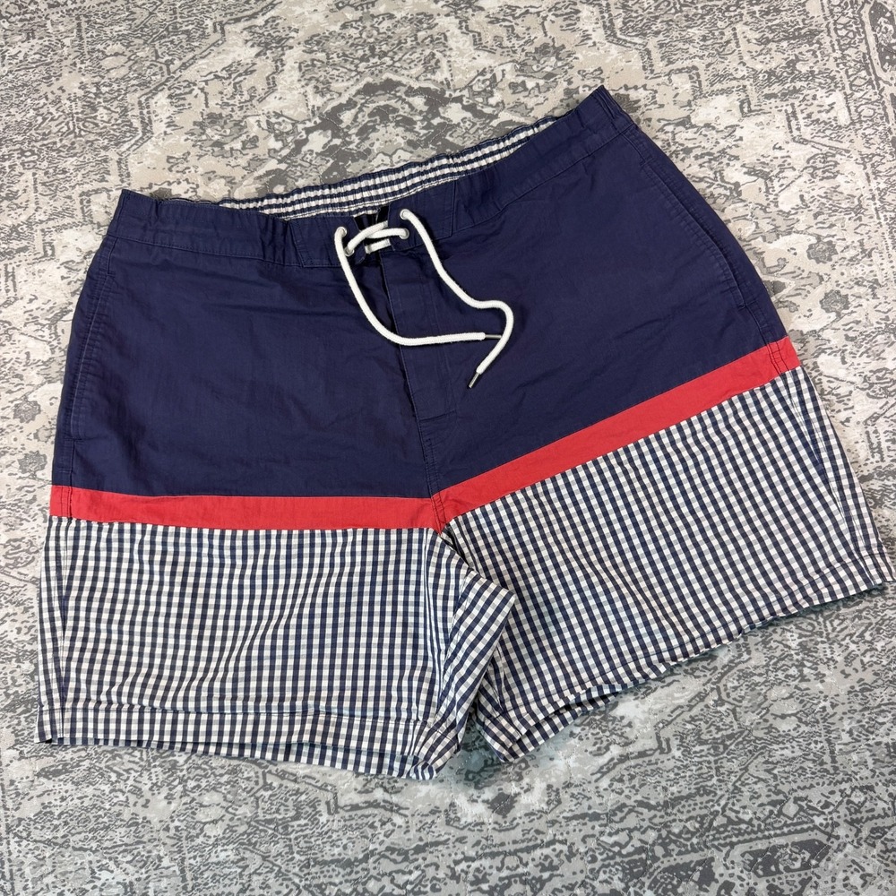 Brooks Brothers Mens XL Swim Trunks Navy Blue Gingham Colorblock Board Shorts